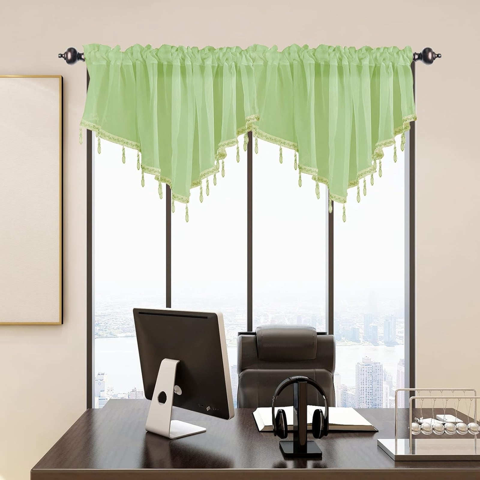 Moqsnm 2 Piece Beaded Triangle Sheer Valance Curtains for Windows Kitchen Living Room Bathroom Bedroom Voile Sheer Rod Pocket Short Window Valance Curtains (Green,51"x24")