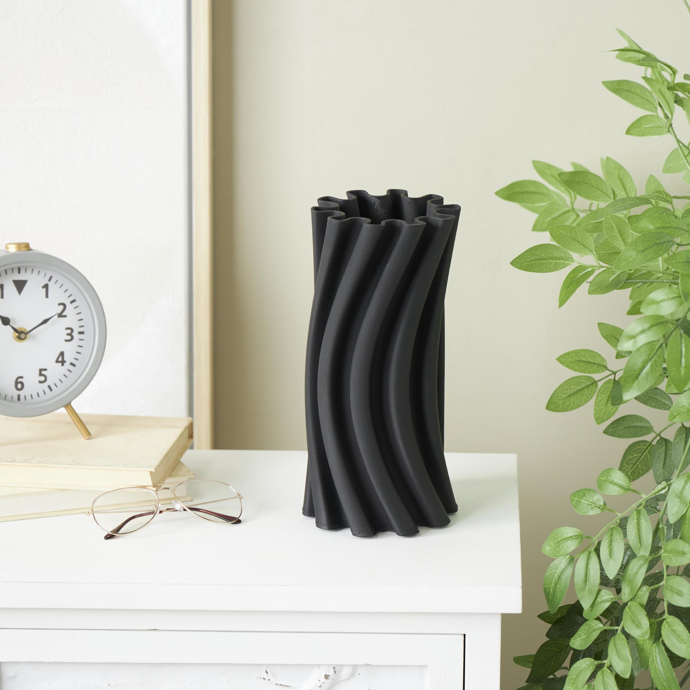 DecMode 11" Abstract Curvy Ribbed Black Ceramic Vase with Floral Shaped Rim