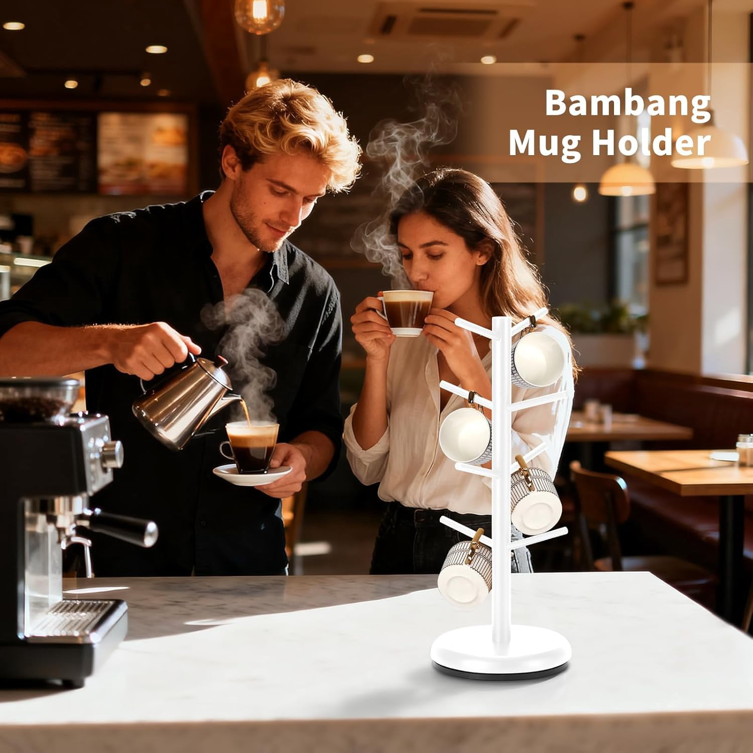 Bamboohomie White Coffee Mug Tree, Mug Holder for Counter, Rotating 8-Hook Mug Tree Stand, White