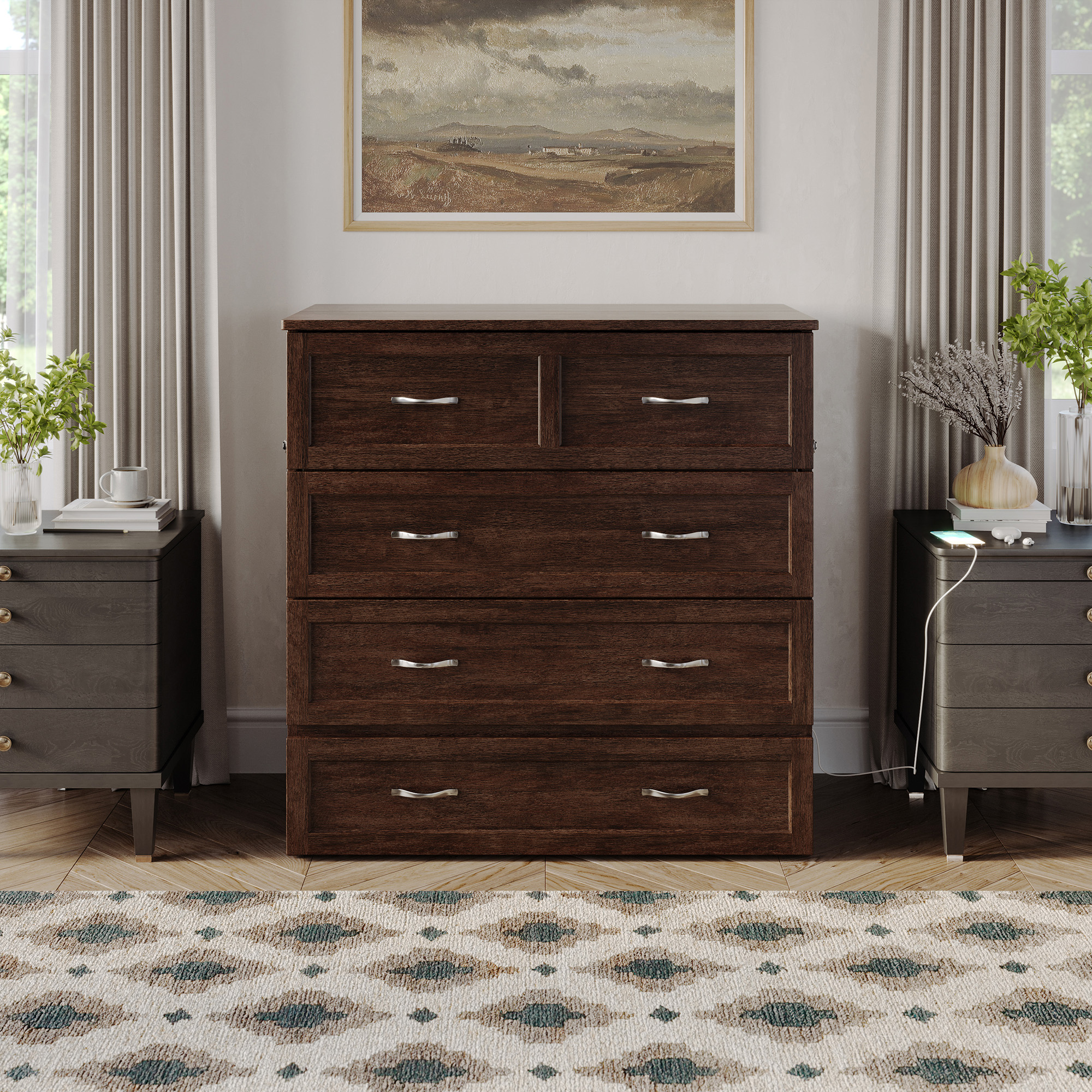 AFI Northfield Twin XL Wood Murphy Bed Chest with Mattress, Drawer & Charger, Burnt Amber