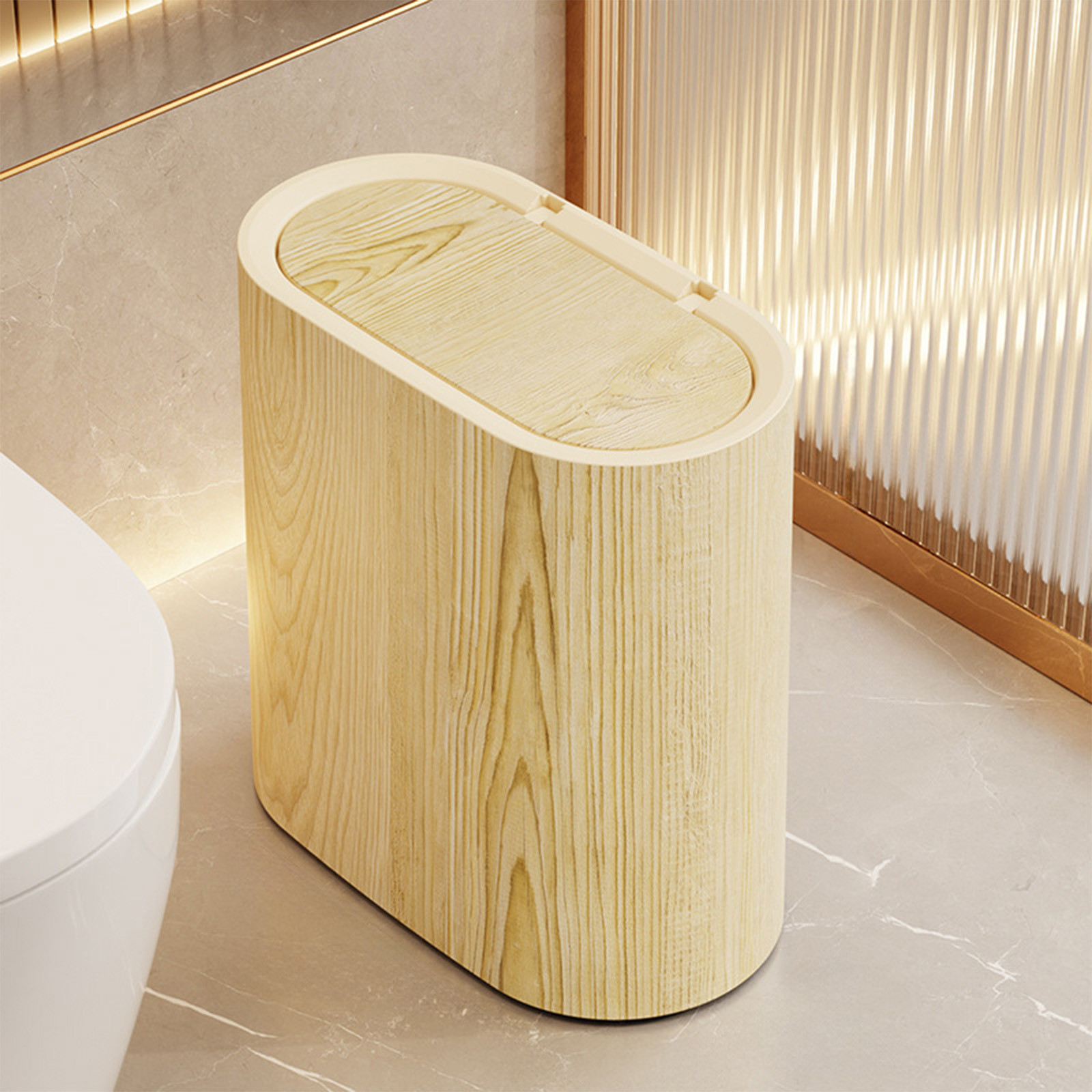 Plastic Wood Pattern Trash Can Small Garbage Bin with Lid for Bathroom Narrow Wastebasket Modern Wastebasket for Home Indoor Hotel, 6x11x11in