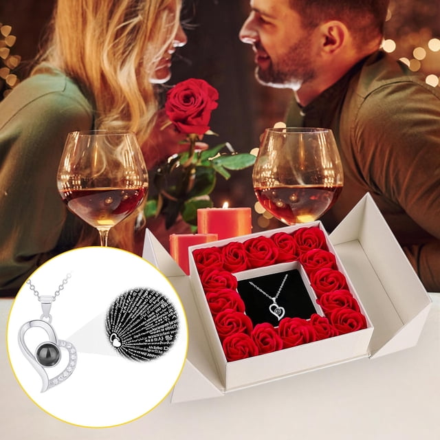 Fiudx Rosa Eterna, Caja de Regalo con Flor Roja Preservada, Collar con Proyección En Forma de Corazón, Te Amo En 100 Idiomas, Sorpresa Romántica, Novia, Esposa, Abuela, Perfecto para San Valentín