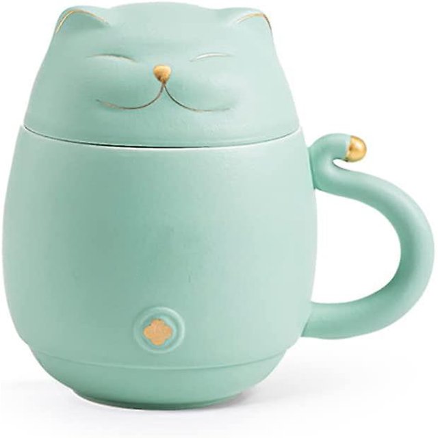 Taza de té con infusor de gato lindo, taza de café con tapa, Taza de cerámica para amantes de los gatos, 300 Ml (verde menta)