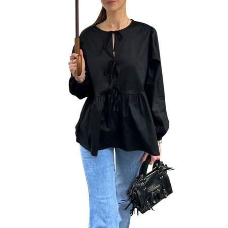 ZIYIXIN Women Bow Tie Front Shirt Top Cute Puff Sleeve Y2K Peplum Ruffle Babydoll Blouse Lace Up Summer Going Out