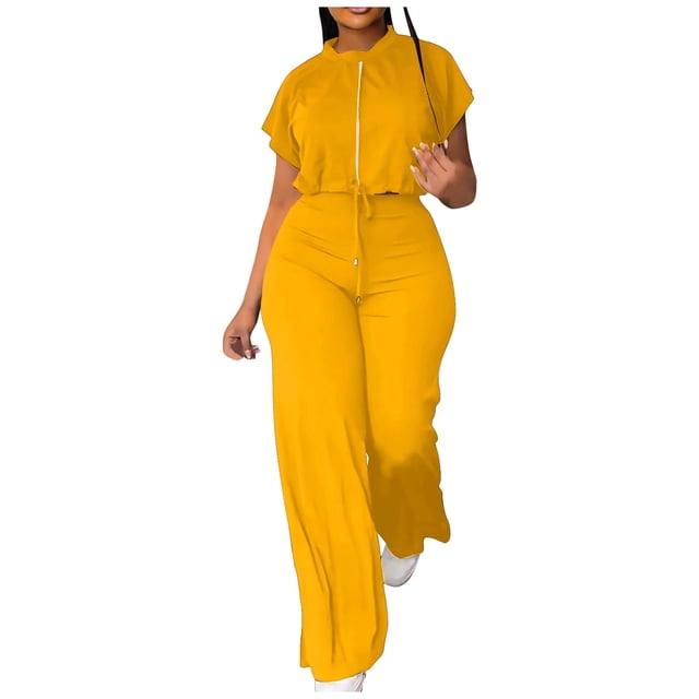 Ensembles pour Femmes Ensembles 2 Pcs Été Lin Ensemble Deux Pièces Ensemble de Vêtements pour Femmes Femme Col Rond Manches Courtes Hauts Pantalons Ensembles Style Pantalon Décontracté S_289 Survêtements pour Femmes Jaune G