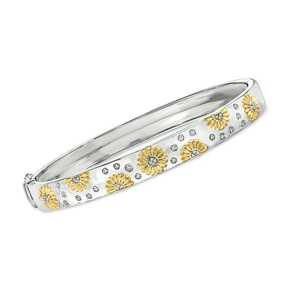 Ross-Simons Diamond-Accented Sunflower Bangle Bracelet in 2-Tone Sterling Silver, Women's, Adult