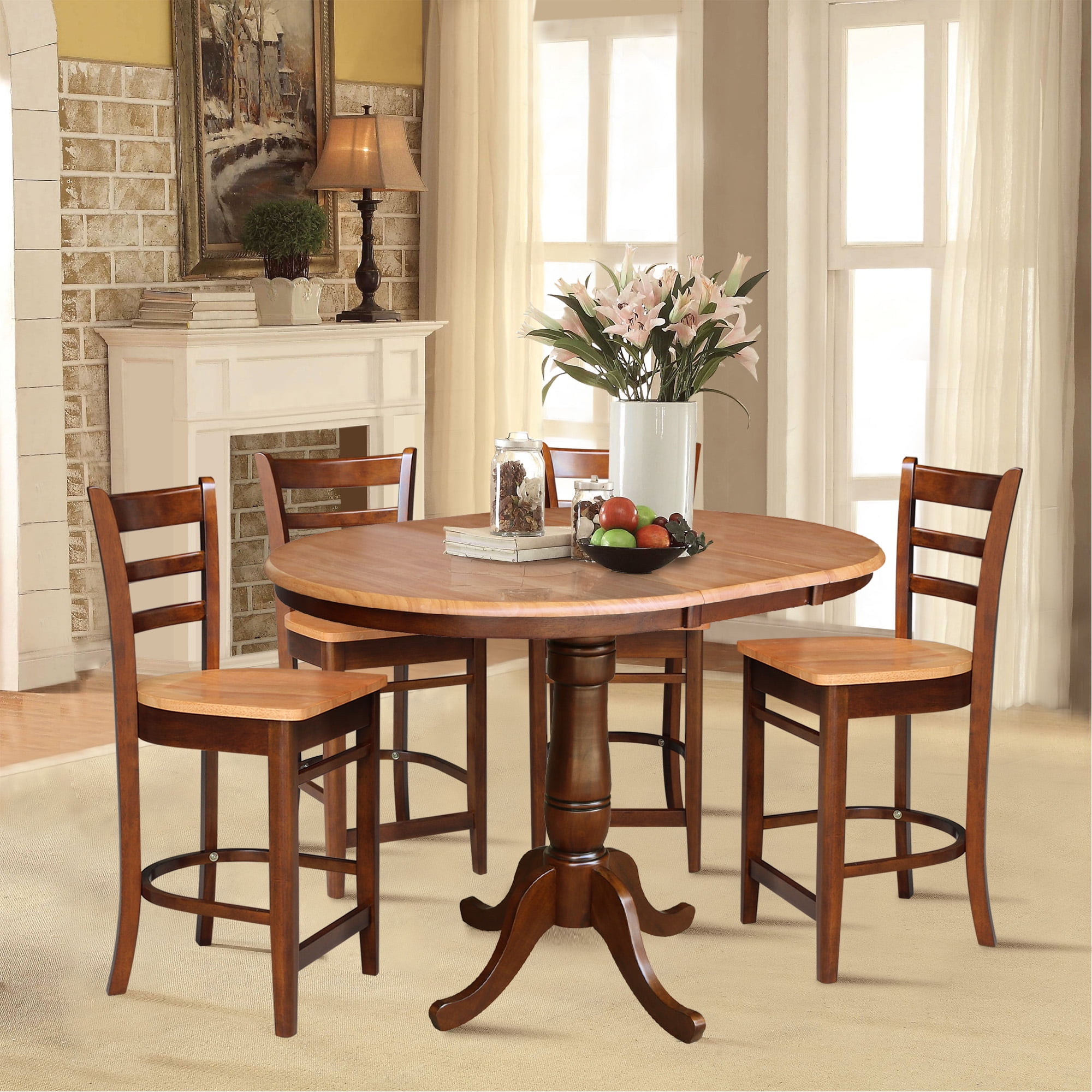 36" Round Solid Wood Counter Height Extension Dining Table with 12