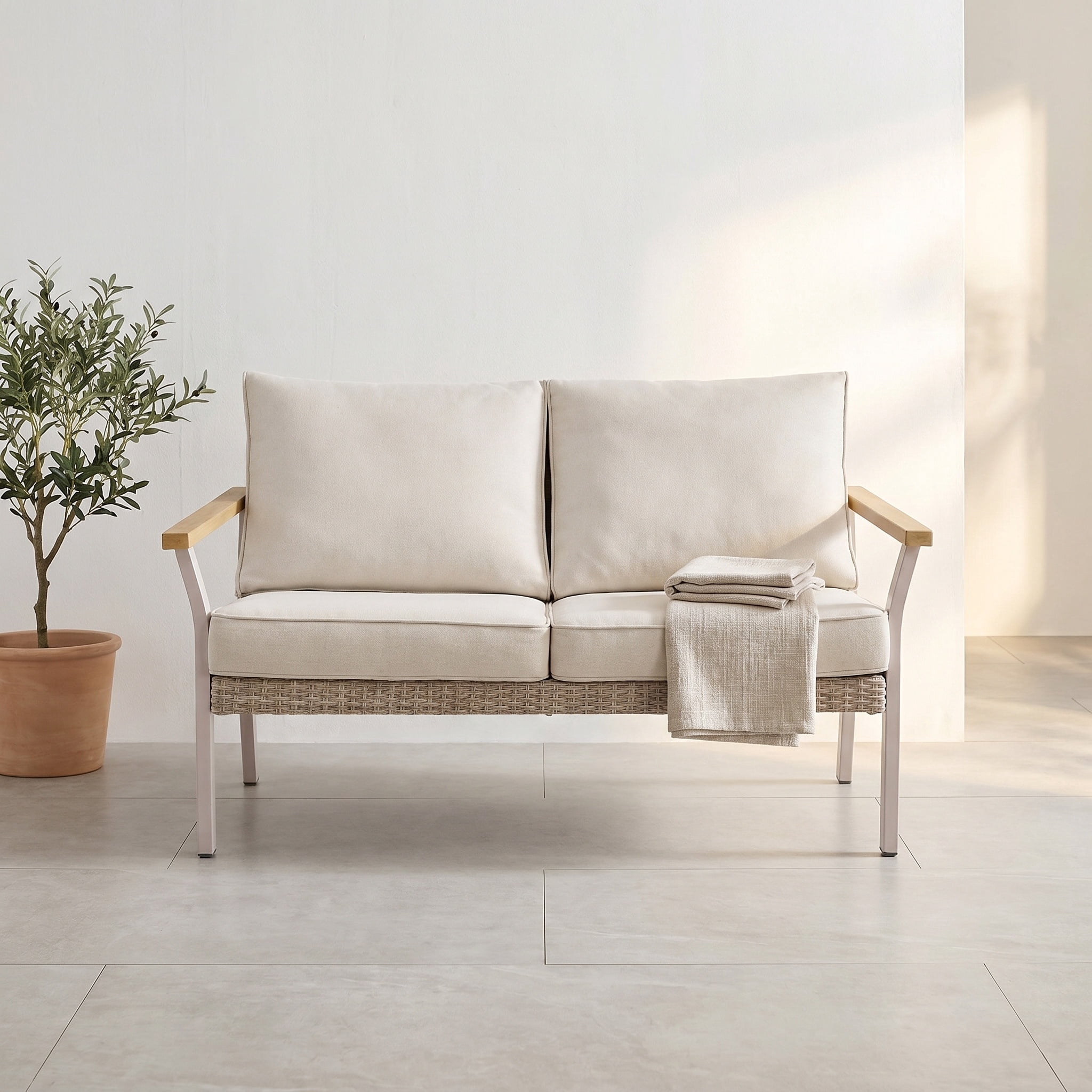 Nordic Hygge 2-Seat Modern Minimalist Patio Sofa with Weather-Resistant Cushions – Powder-Coated Rust-Proof Frame – Bone
