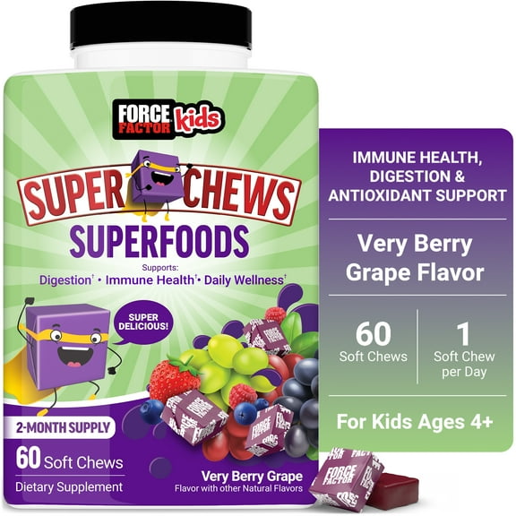 Force Factor Kids Superfood Super Chews, Kids Immune, Digestion & Antioxidant Support with Vitamins C & D, Very Berry Grape, 60 Soft Chews