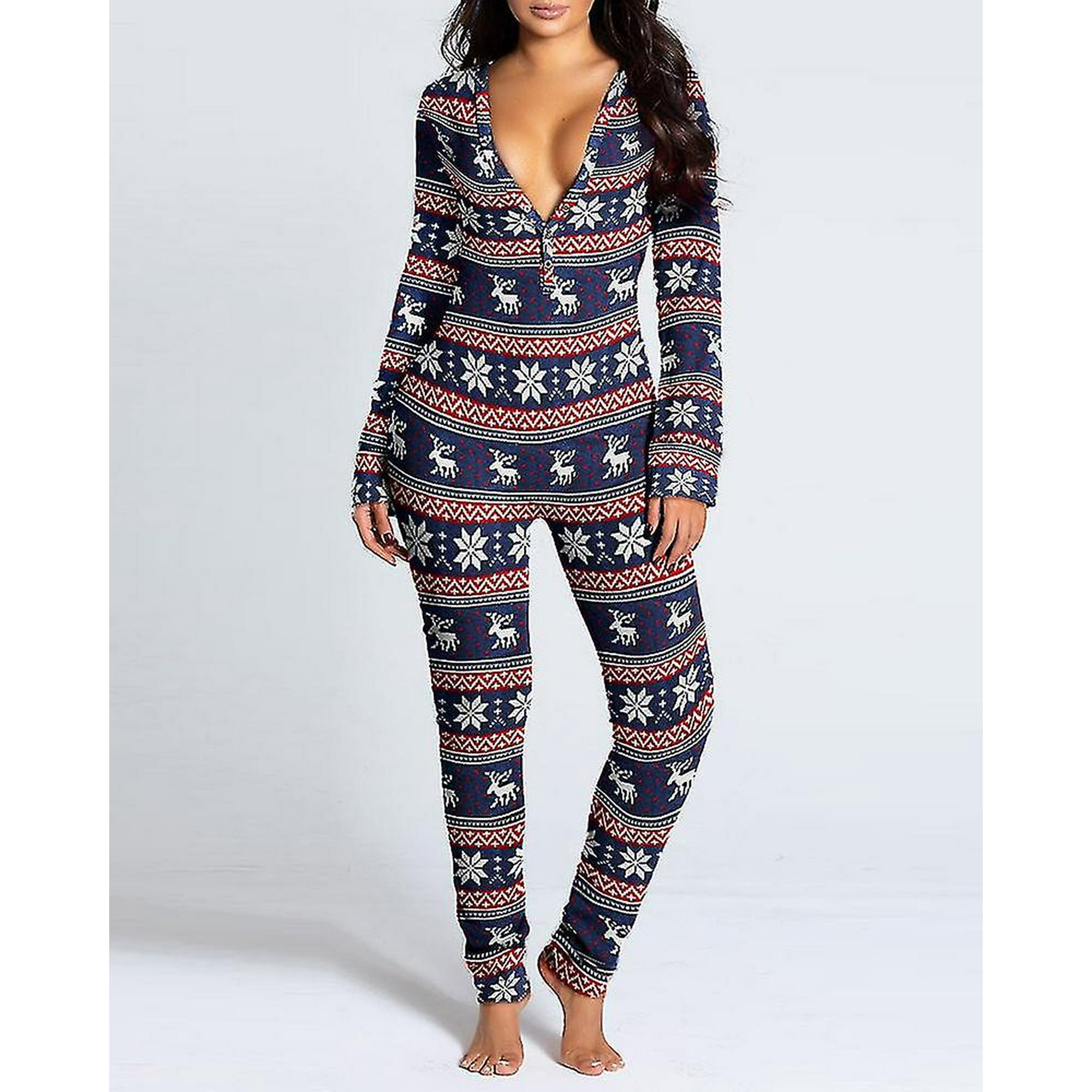 Jhcug Women s Animal Pajamas One Piece Christmas Jumpsuit Long Sleeved Pajamas Buckle Flap Adult Pajamas Printed Christmas Long Sleeved Loungewear Ju