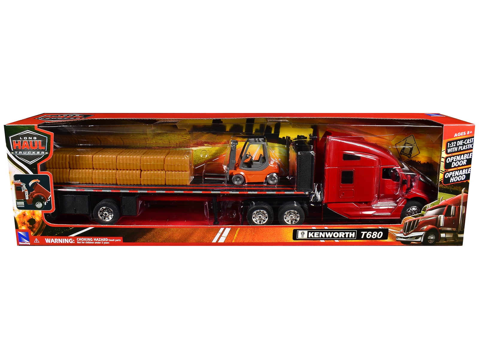 Kenworth T680 Truck Red and Flatbed Trailer with Forklift and Hay