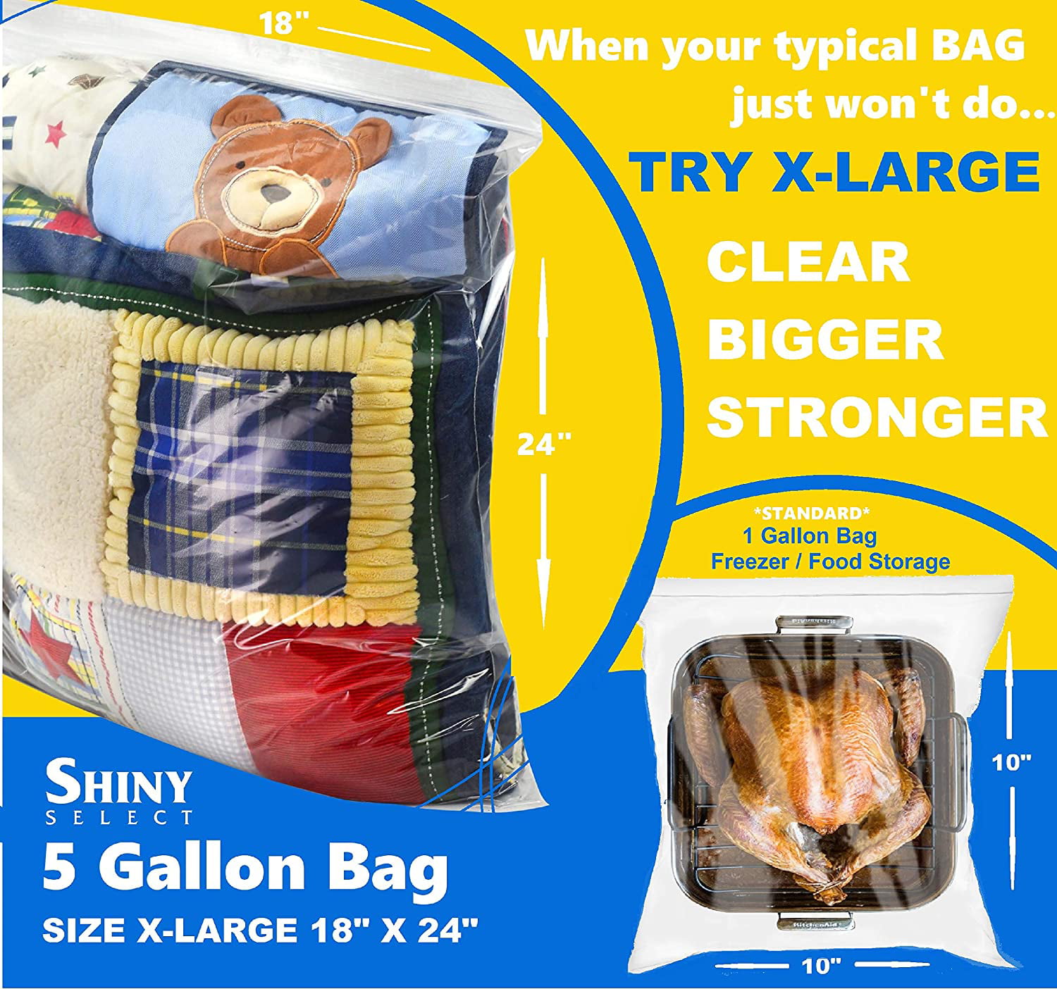 Extra Large Super Big Bags, Jumbo Clear Storage Plastic Bags, 18x24 5  Gallon Size Bags for Moving, Traveling, Organization or Freezer, 100 Count