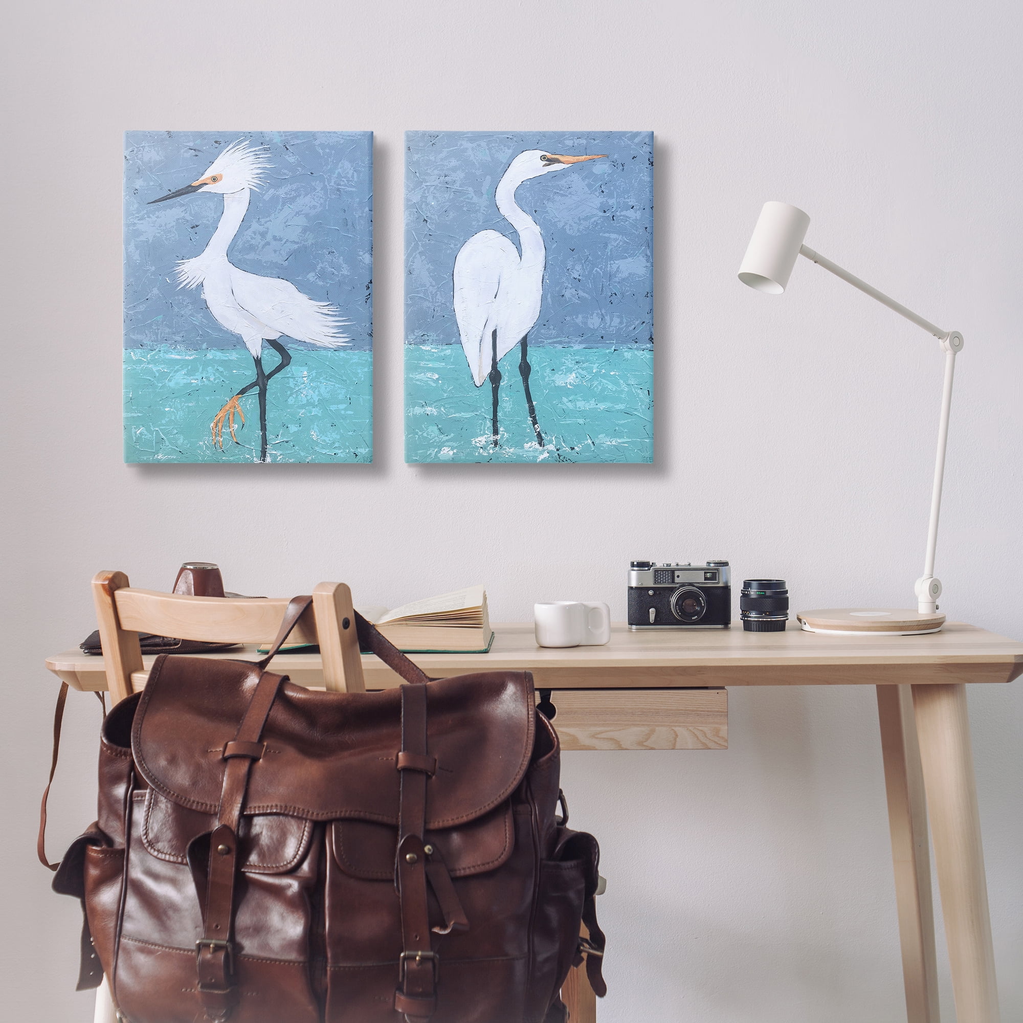 Stupell Industries Snowy Egret Pond Animals Painting Wrapped Canvas Art Print Wall Art, 20 x 30, Set of 2