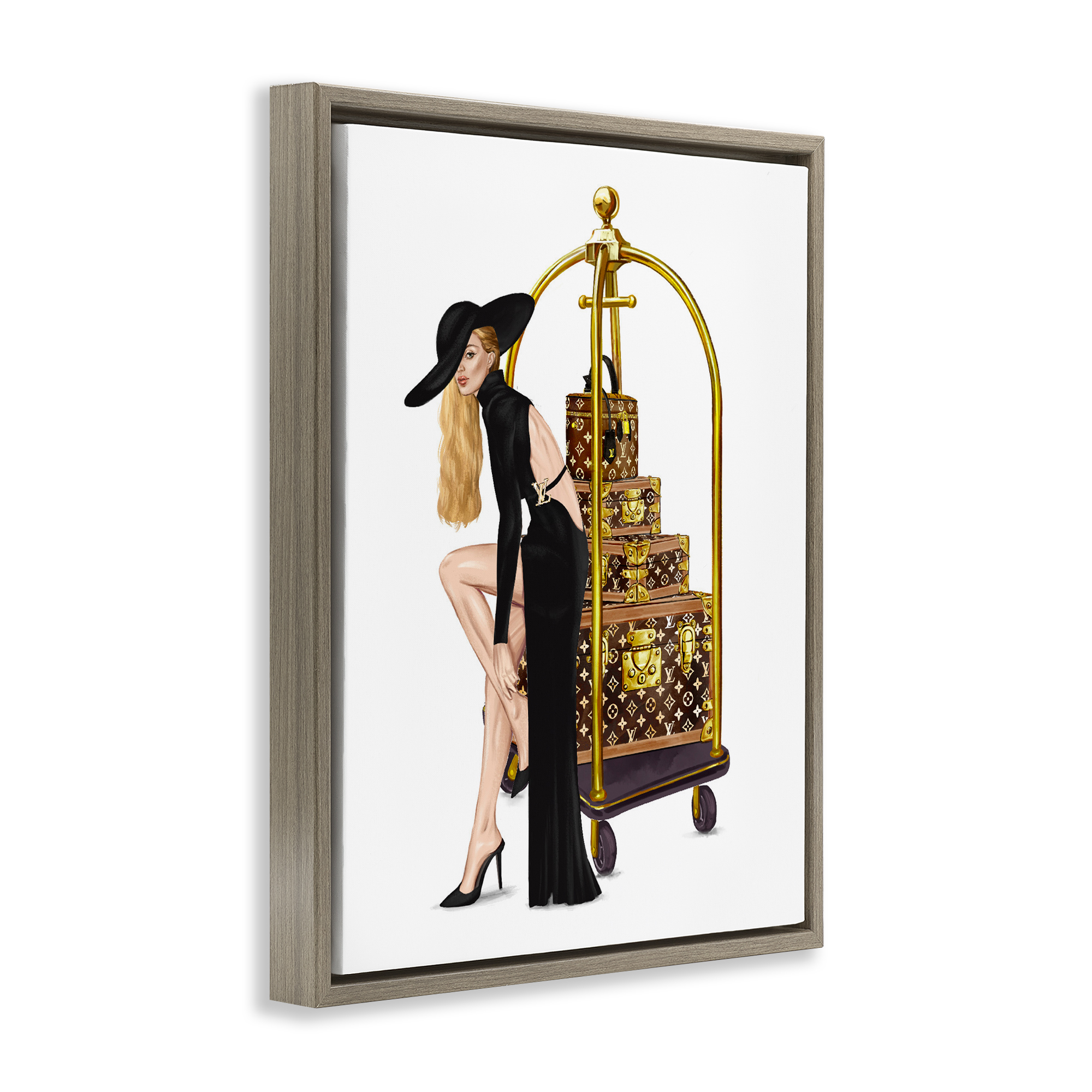Fashionista with Hotel Luggage Brown Framed Floater Canvas Wall Art, design by Ziwei Li