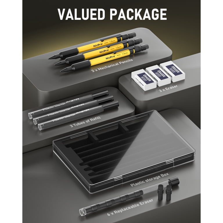 NicPro 3pk Mechanical Pencils Set 1.3mm with Lead Refill, Case