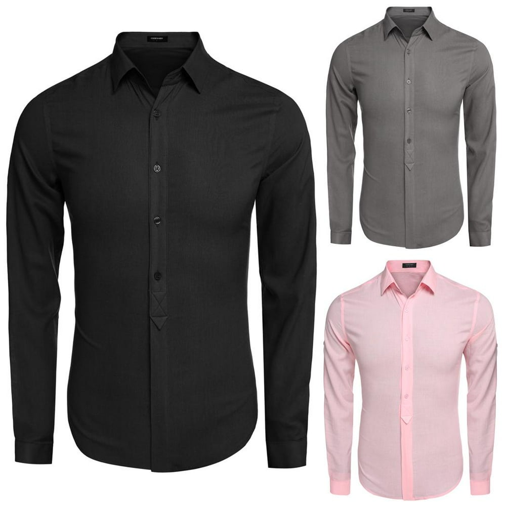 Coofandy - COOFANDY Men Fashion Slim Turn Down Collar Long Sleeve Solid Cotton Linen Button Down