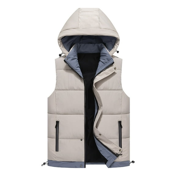 Mens Hooded Puffer Vest Big & Tall Quilted Padded Coat Zipper Pocket Sleeveless Warm Jackets with Detachable Hood Beige, 5XL