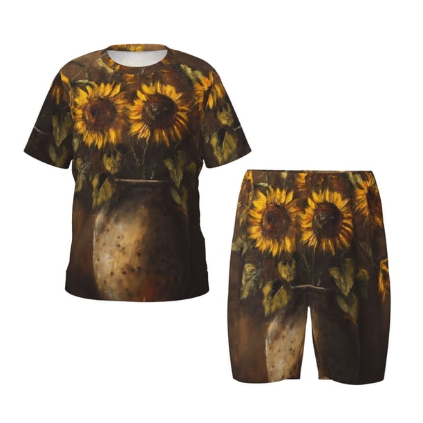 Fotbe Rustic Sunflower Bouquet Pijama Estampada de 2 Piezas para Niños – Ropa de Dormir de Manga Corta Cómoda para Niños y Niñas, Camiseta y Shorts de Algodón-Medium
