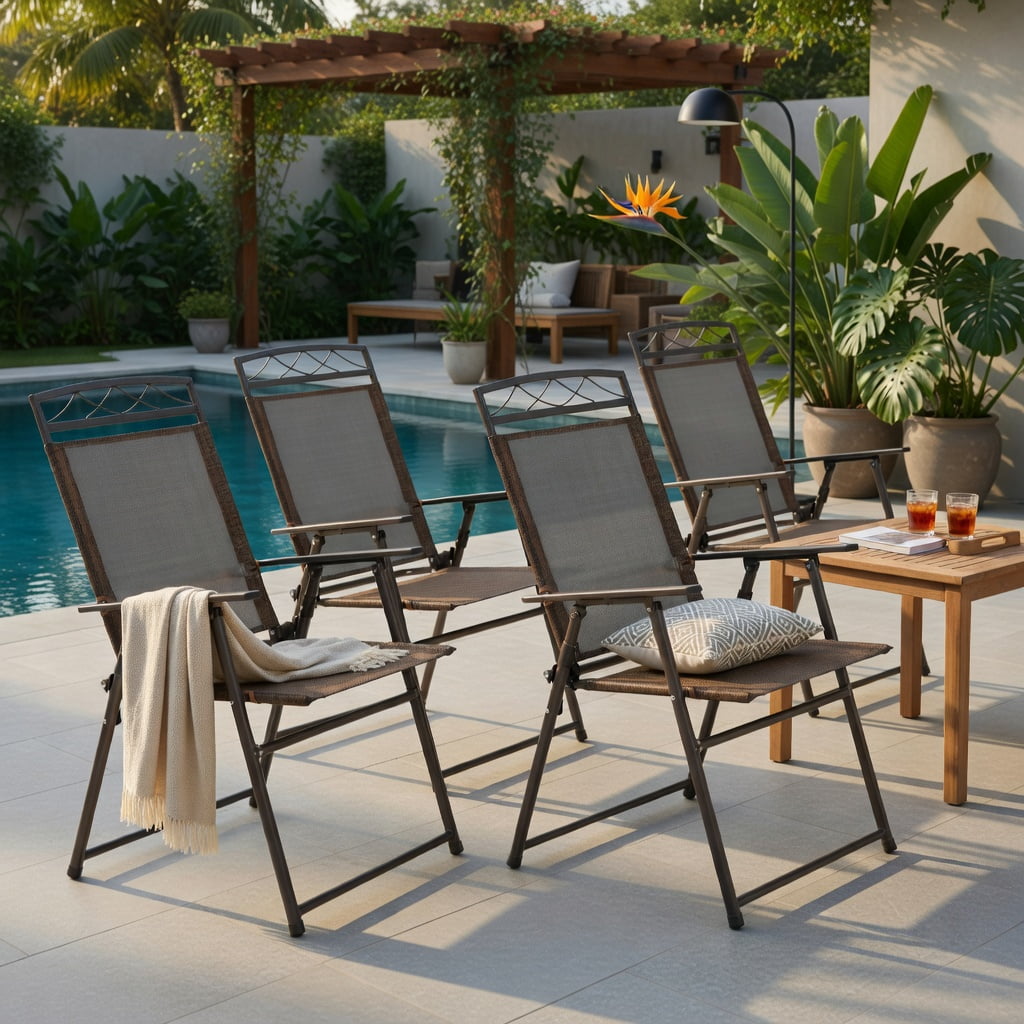 Hommoo 4-Pack Folding Patio Chairs, Steel Frame Sling Chairs with Weather-Resistant Fabric, Compact Lightweight Design for Backyard, Poolside, Balcony & Camping, Brown