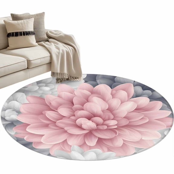 Spring Pink Gray Flower Round Area Rug 3.3ft Country Watercolor Pink White Floral Non-Slip Washable Circle Rugs Soft Felt Indoor Floor Mat for Bedroom Kitchen Living Room Bathroom