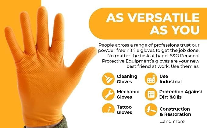 S&G Orange Nitrile Gloves Disposable Latex-Free 8Mil Thick Heavy Duty Powder-Free for Mechanics, Industrial |1000 Pcs | XL
