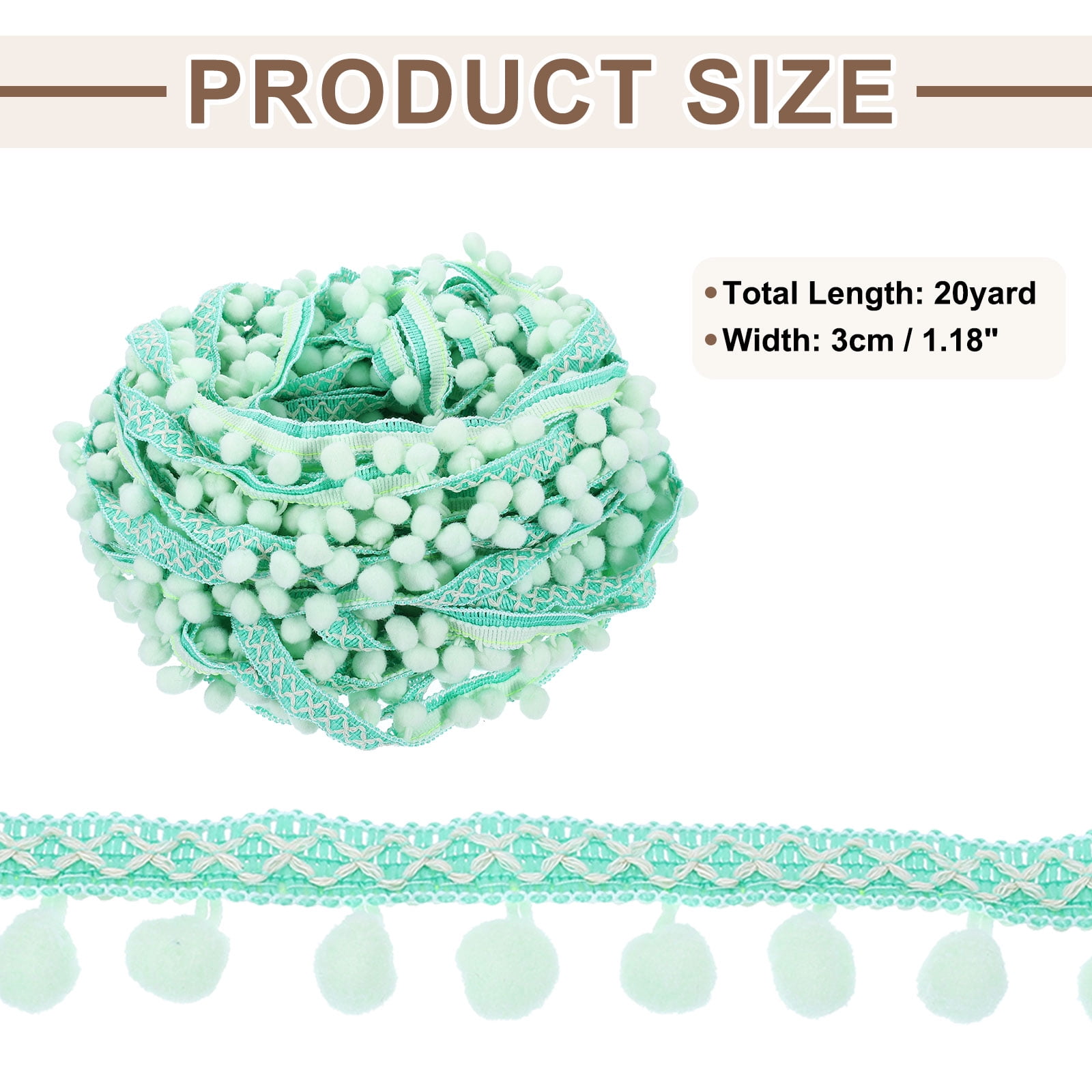Embroidered Pompoms Trim Ribbon, 20 Yards Polyester Pom Pom Trim Fringe, Woven Embroidery Trim for DIY Sewing Crafts Clothing Decoration, Light Green
