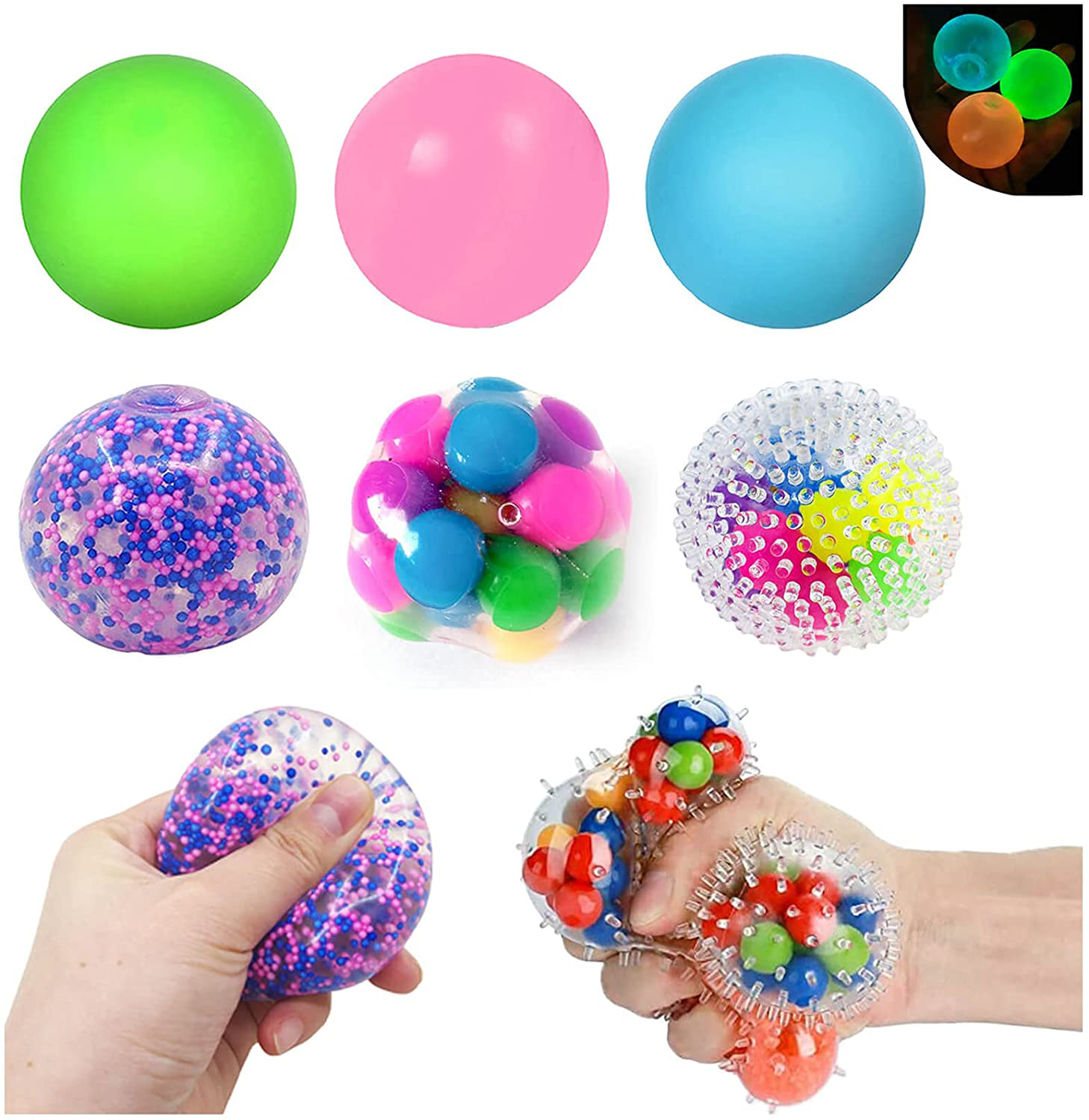 Squeeze Ball Toy Mix 2Pcs Sensory Fidget Toy Squishy Rainbow Stress Ball with DNA Colorful Beads Stress-Relief and Better Focus Toy Stress Balls for Kids Stress Relief Ball for Adults 