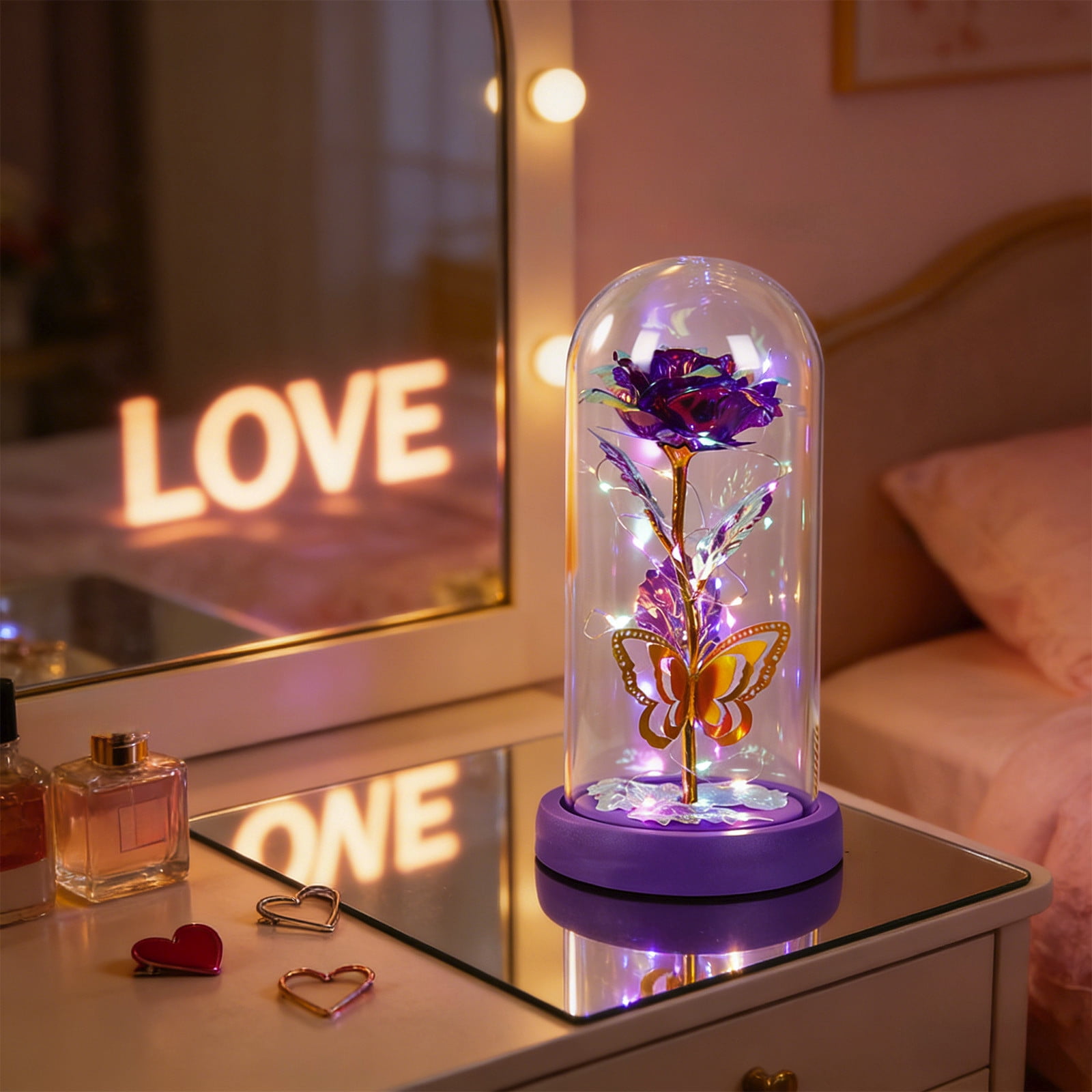 LED Preserved Rose in Glass Dome with Lights - Eternal Rose Gift for Women, Valentine's Day, Christmas, Birthday, Anniversary - Romantic Home Decor & Luxury Preserved Flower Arrangement