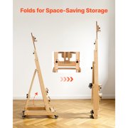 KFFKFF Studio H-Frame Easel for Artists, Supports One or Two Canvases up to 78.74 Inches, Adjustable Height and Angle, Foldable Design with Swivel Wheels, Crafted from Solid Beech Wood,Natural Finish