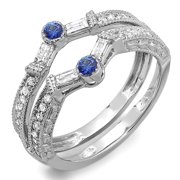 Dazzlingrock Collection 14K Round & Baguette White Diamond & Blue Sapphire Wedding Enhancer Guard Band, White Gold, Size 8