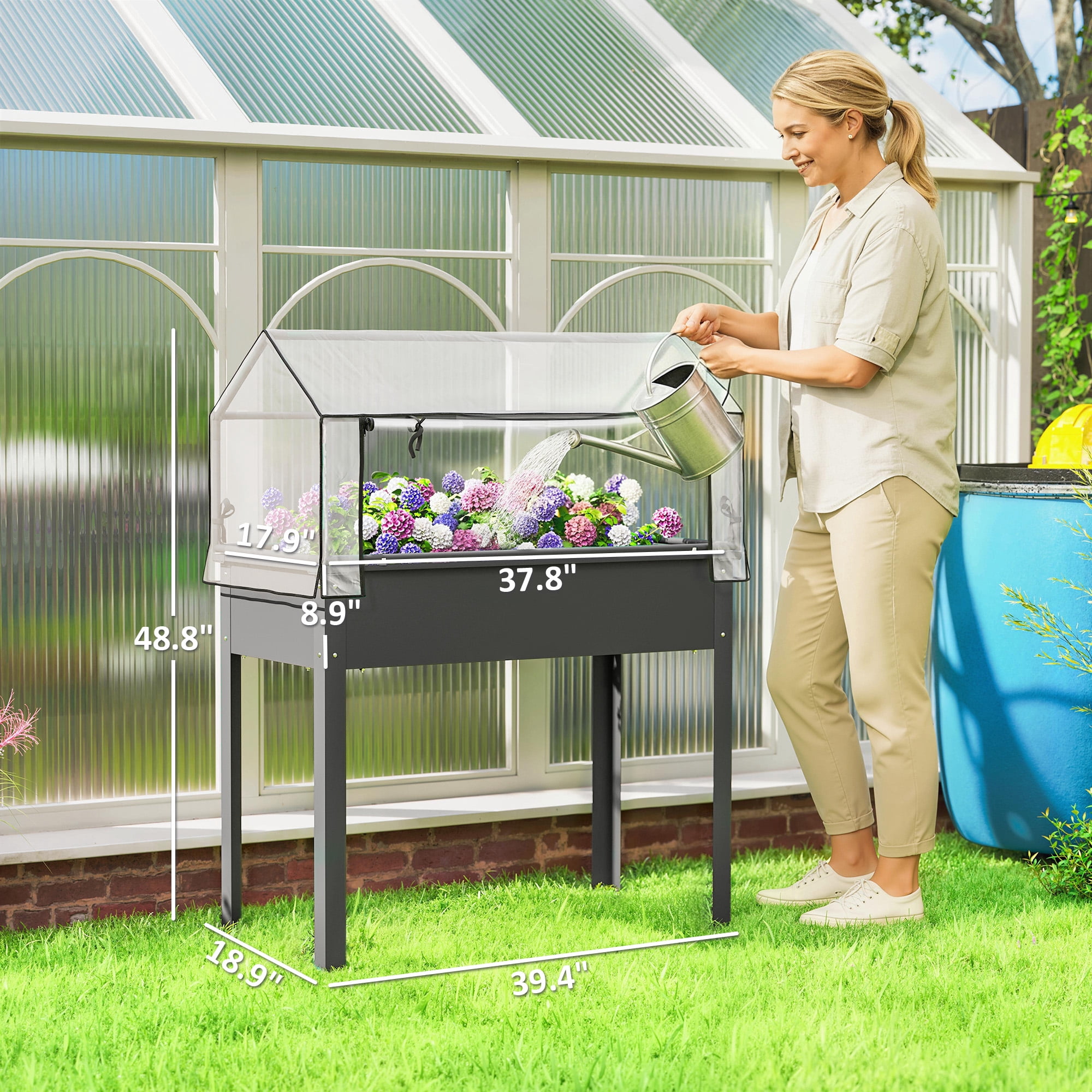 Outsunny Raised Garden Bed with Greenhouse Cover, Elevated Garden Box with Legs and Drainage Hole for Vegetables, Dark Gray