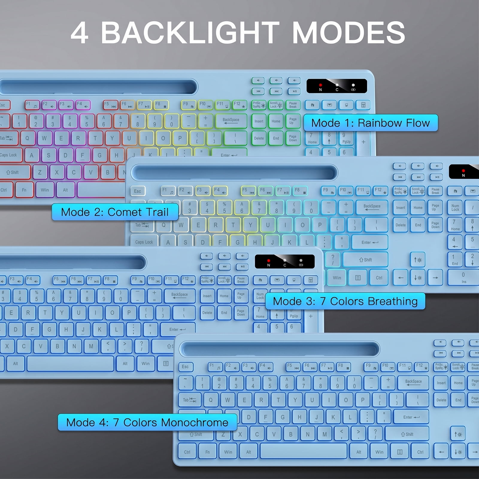 Wireless Keyboard with 7-Color RGB Backlit, Marvo Full-Size Computer Keyboard with Phone Tablet Holder, Rechargeable 2.4G Wireless Gaming Keyboard with Light up Keys, Compatible with Mac,Window, Blue