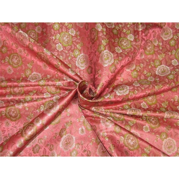 Silk Brocade fabric coral pink and green 44quot;