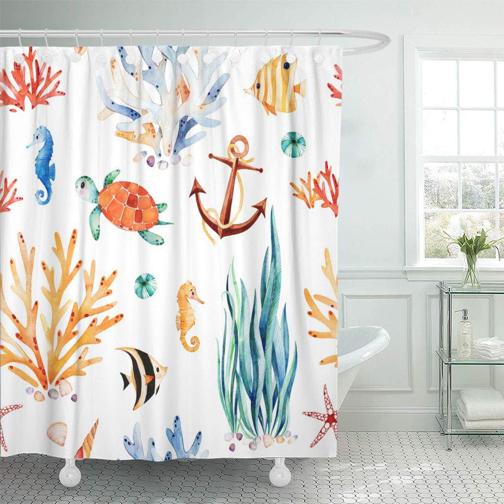 Yusdecor Underwater Multicolored Seaworld Watercolor Cute Turtle Seahorse Coral Reef Bathroom Decor Bath Shower Curtain 60x72 Inch Walmart Canada