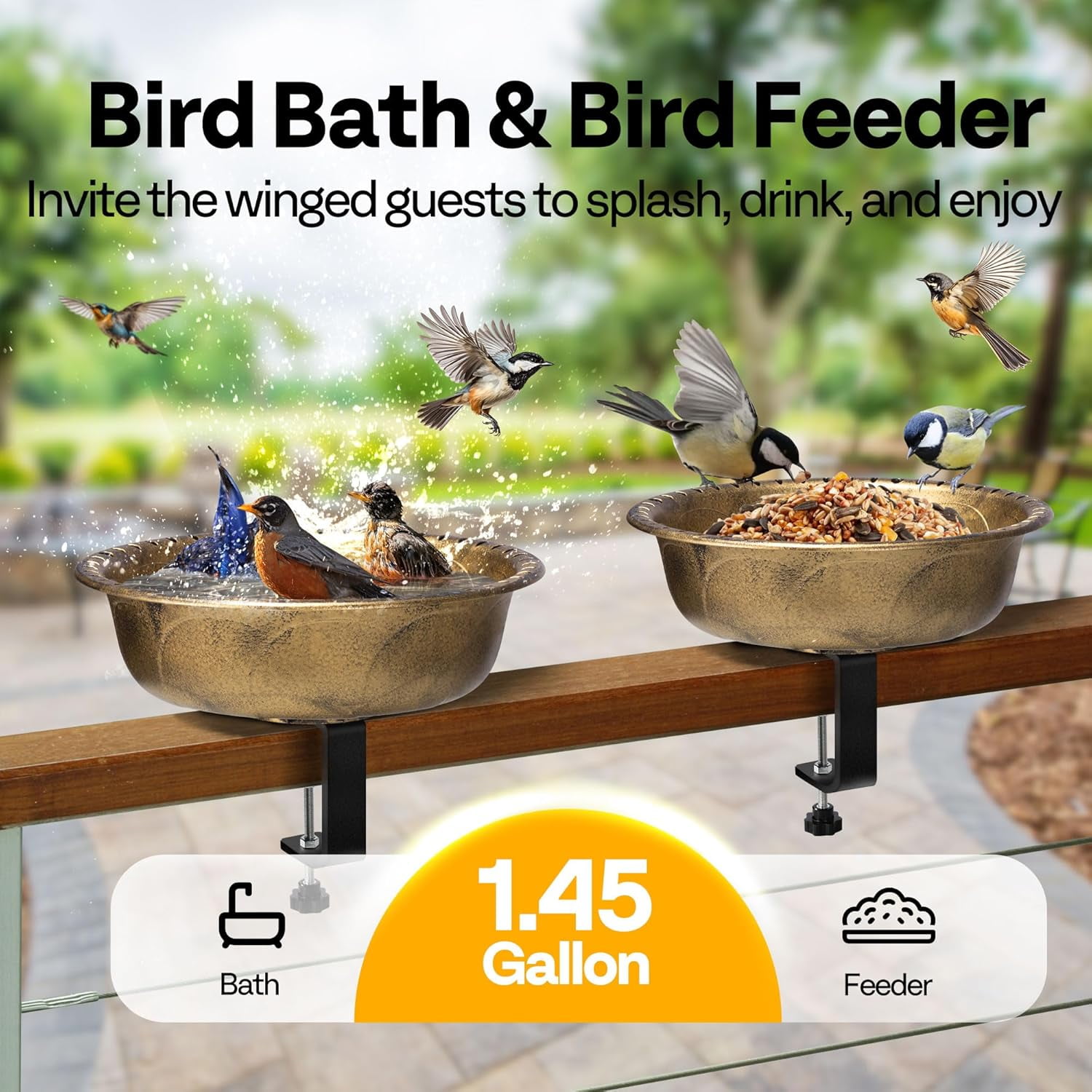 SPECSTAR Deck Mounted Polyresin Bird Bath with Adjustable Sturdy Metal Clamp for Railings up to 3.9 Inch, Capacity 1.4 Gallons for Patio, Gardens, Yard, Deck, Copper