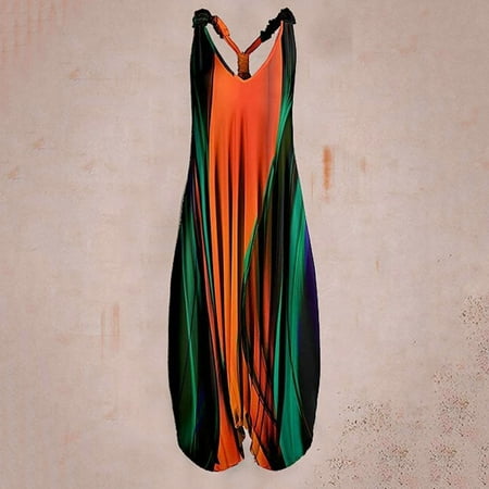 

Dasayo Orange Women Jumpsuits Dressy Women Casual Boho Print Romper Long Playsuit Strapless Sleeveless Jumpsuit