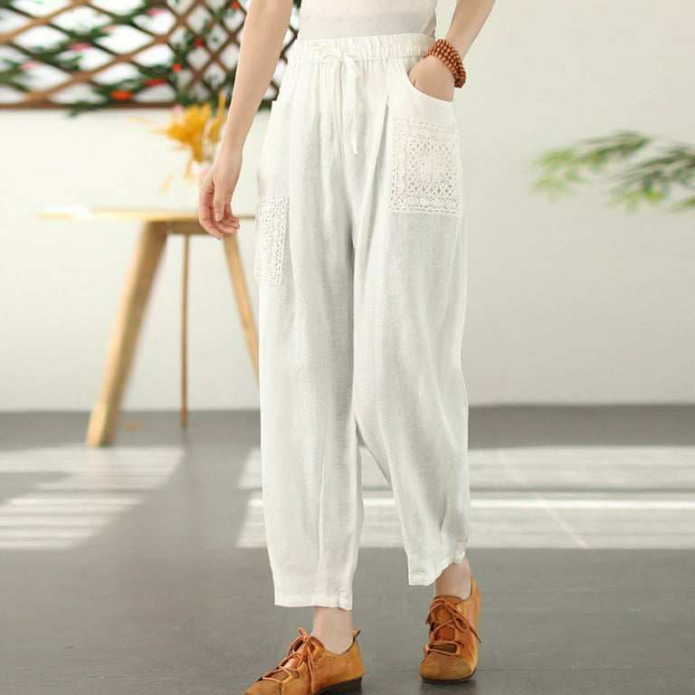 Women's Cotton Linen Harem Pants Casual Solid Drawstring Elastic Waist Wide  Leg Pants Pockets Baggy Lantern Trousers(M,White)