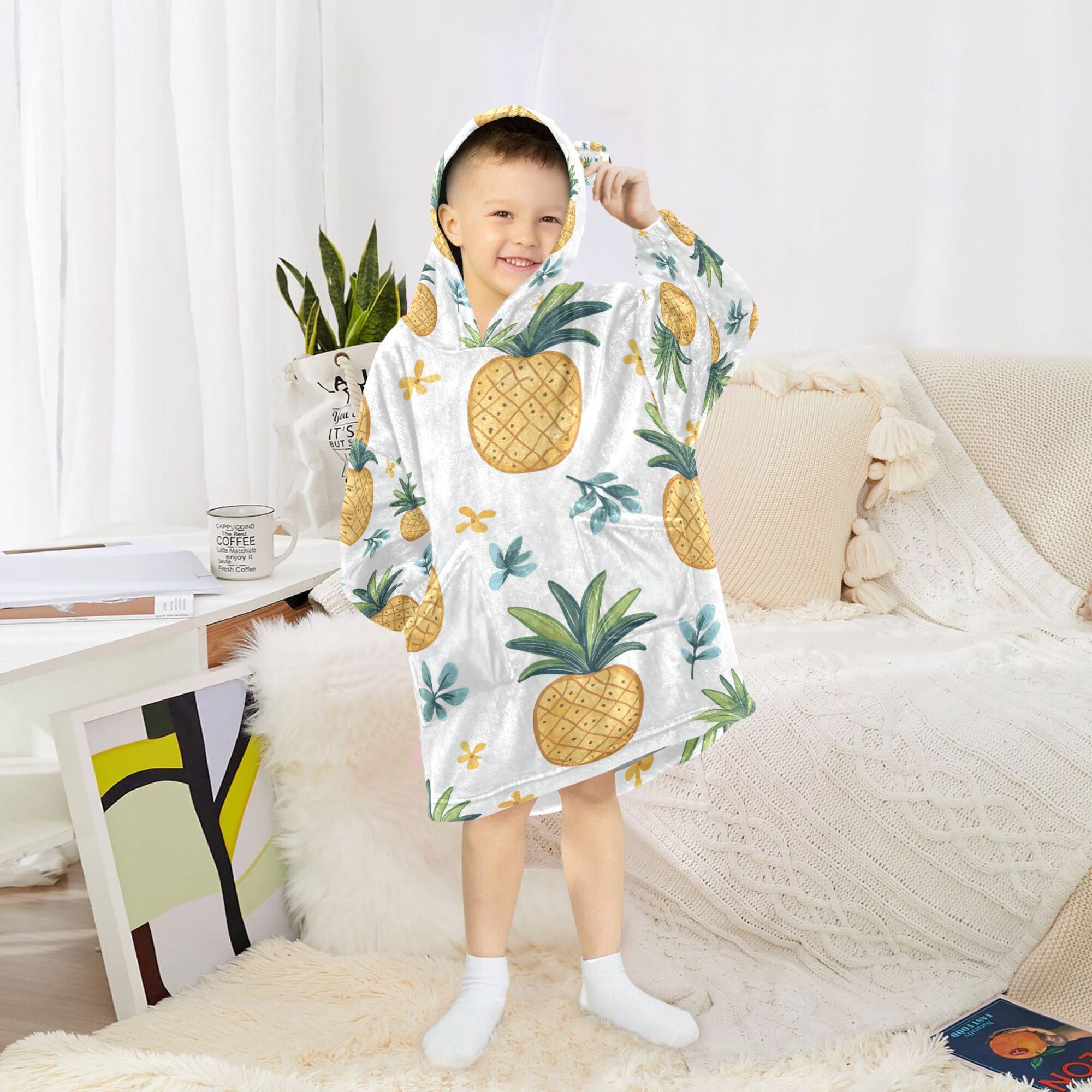 FORMRS Wearable Blanket Hoodie with Sleeves for Kids Cozy Flannel Sweatshirt, Pineapple