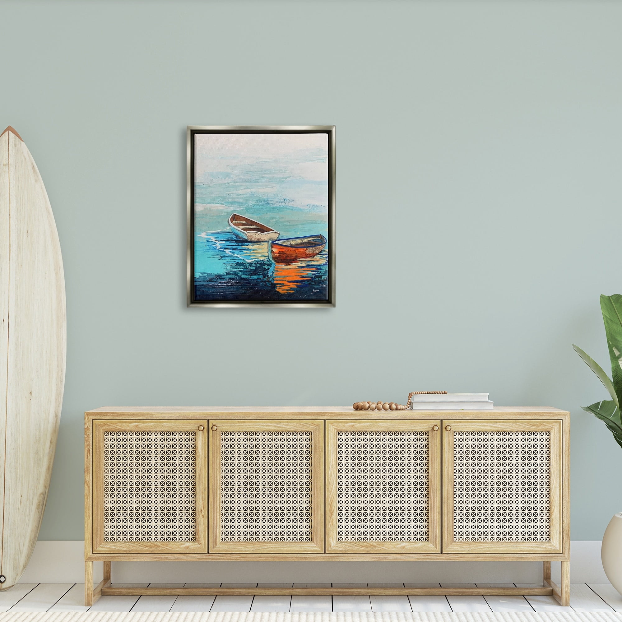 Stupell Industries Quiet Boats Drifting Vivid Ocean Surface Reflection Painting Luster Gray Floating Framed Canvas Print Wall Art, Design by Stacy Gresell