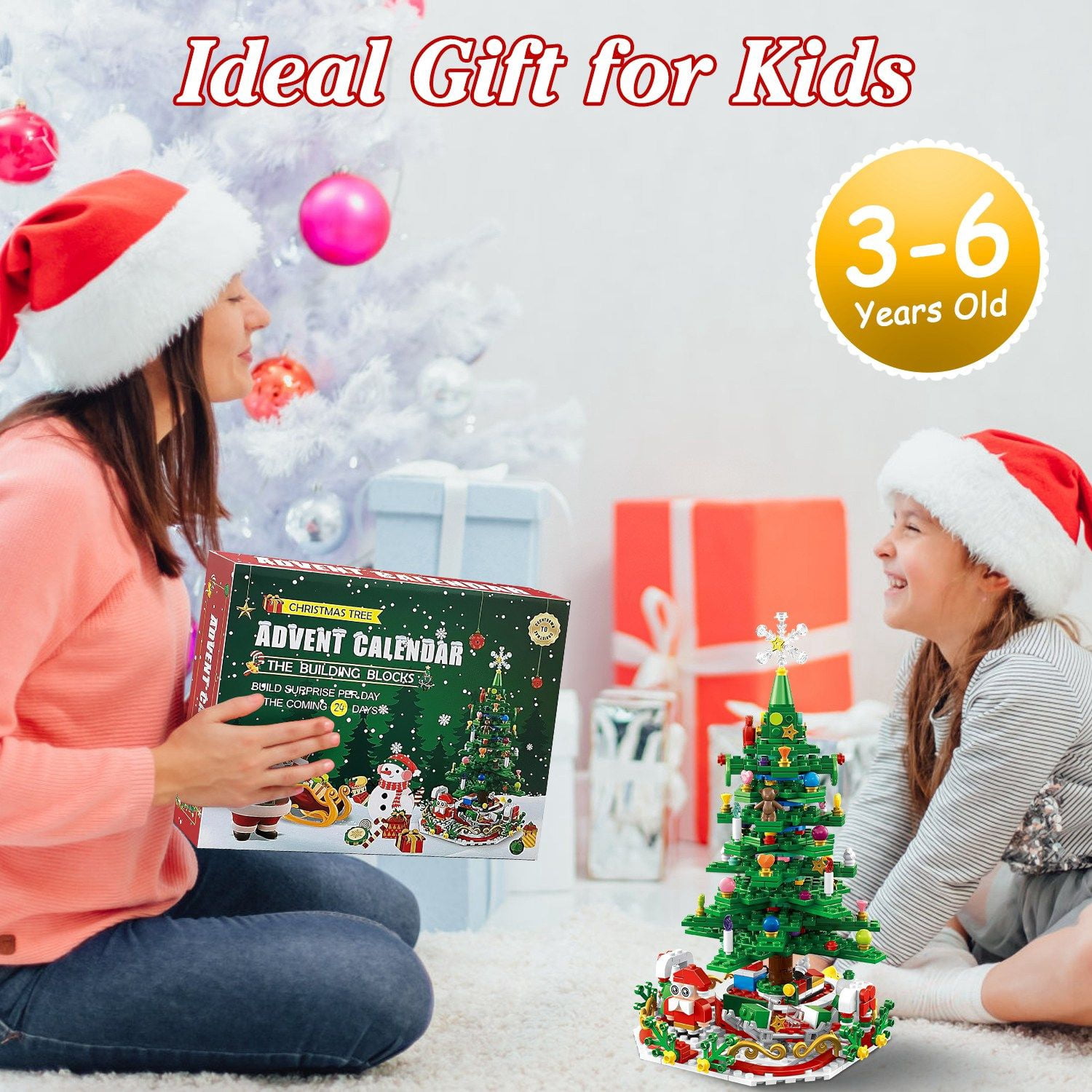 Christmas Tree Building Set, 701 Plastic Pieces, 24-Day Countdown Calendar, 30 USB LED Warm Lights, Santa, Ornaments, Snowflake Topper, Educational Toy for Kids 3-6, Festive Tabletop Decor