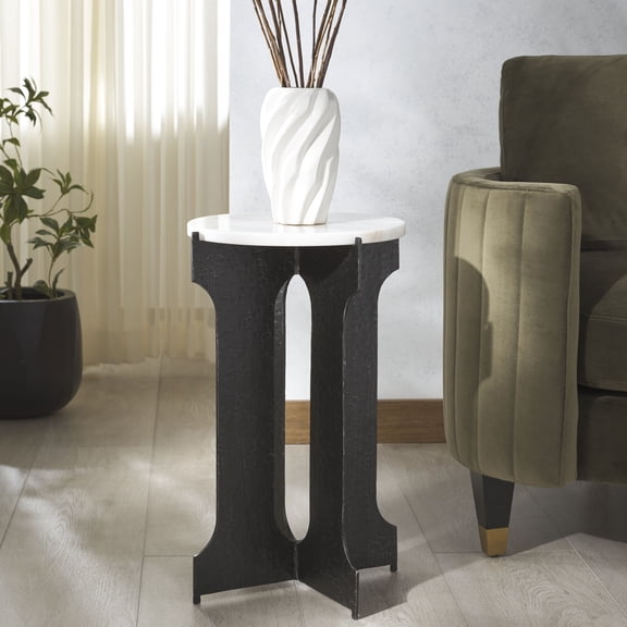 Safavieh Couture Tayanna Modern Metal and Marble Round End Table, Black/White