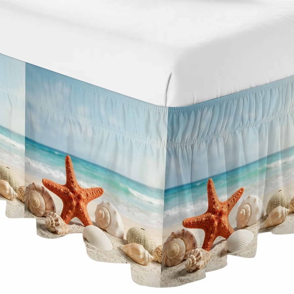 Queen Bed Skirt 16 Inch Drop, Coastal Sea Conch Shell Starfish Easy Fit Wrap Around Ruffle Bedding, Summer Beach Seaside Scenery Bed Skirts with Adjustable Elastic Belt