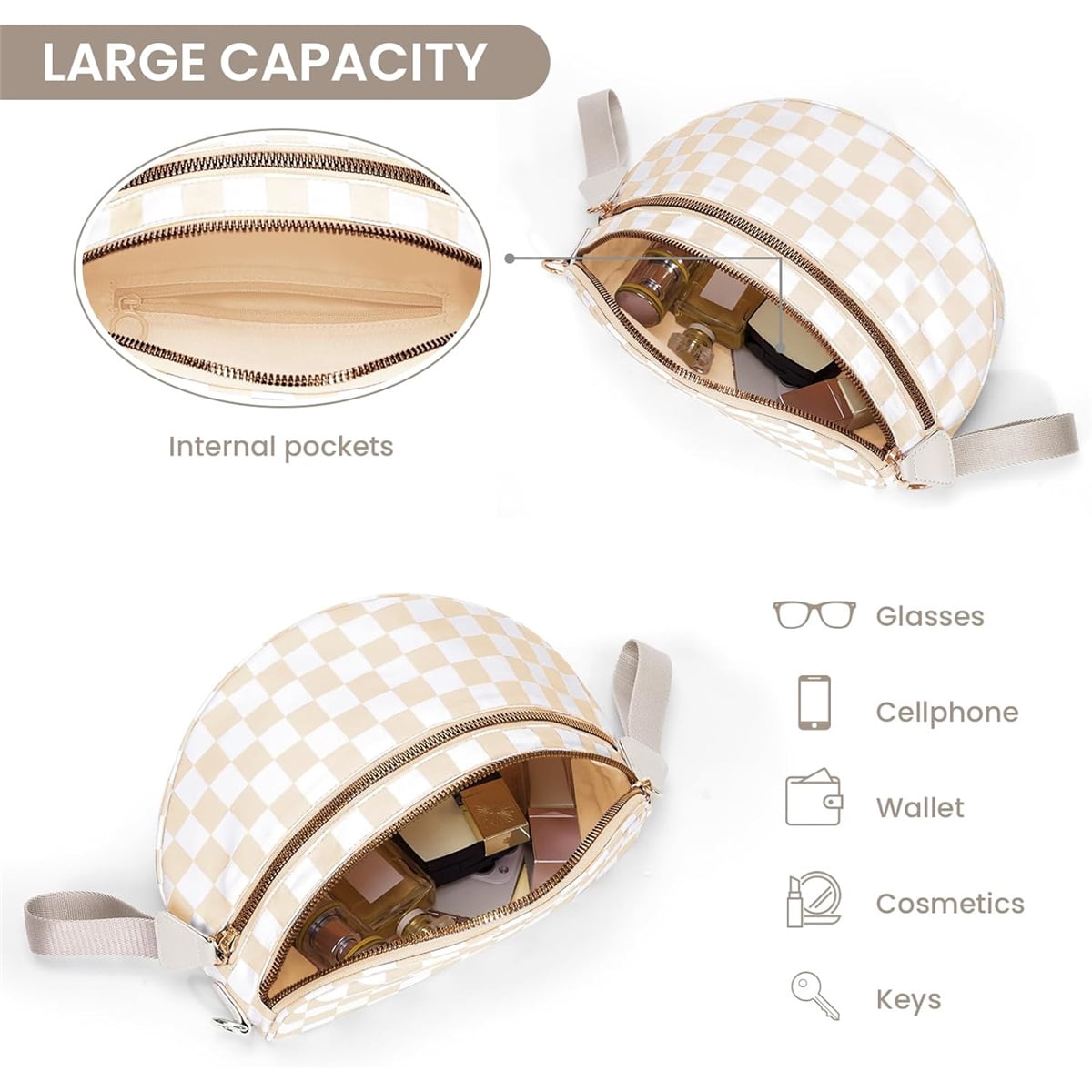 Luxury Checkered Crossbody Bag,Spacious Bum Bags for Women Nylon Crossbody Fanny Packs Checkered Purse Belt Wallet