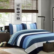 Cozy Line Navy Blue Striped Boy 100% Cotton 3 Piece Reversible Quilt Set, Queen