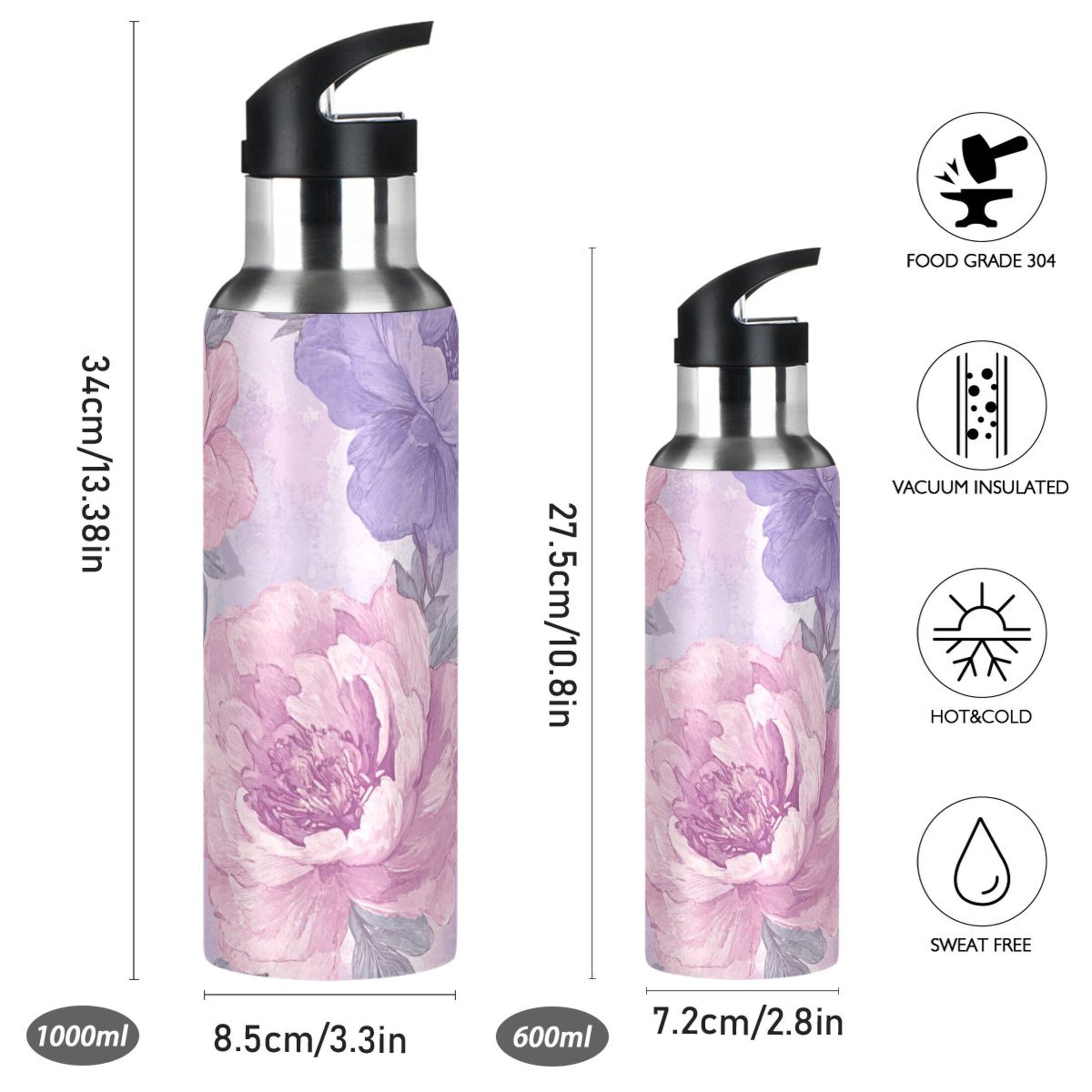 Pink and Lilac Peony Flowers Sports Bottle with Straw Stainless Steel Water Jug Portable Thermal Cup Leak-proof 600ML