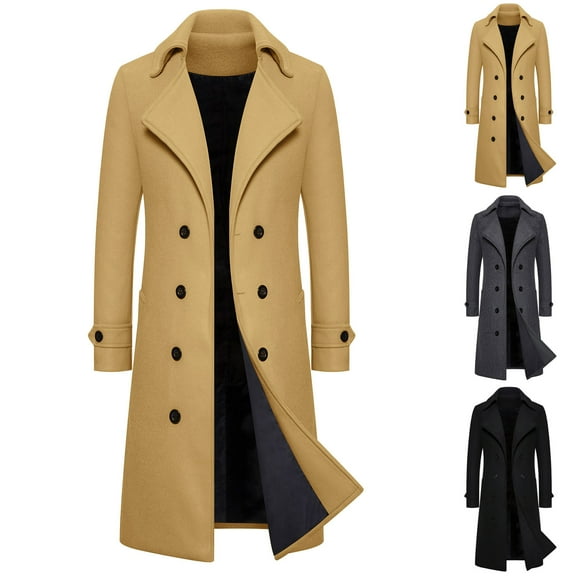 Hinvhai Mens Double Breasted Trench Coat Mid Long Jacket Notched Lapel Winter Chunky Warm Overcoat Khaki 14(XL)