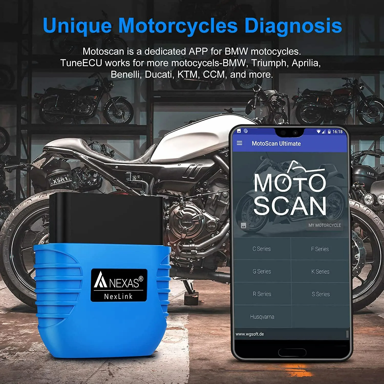 NEXAS Motorcycles OBD2 Scanner Bluetooth 5.0, Wireless Compatible with Third-Party Apps, Car & Motorcycle Universal Code Reader, Check Engine Fault OBDII Adapter Scan Tool for iOS, Android & Windows