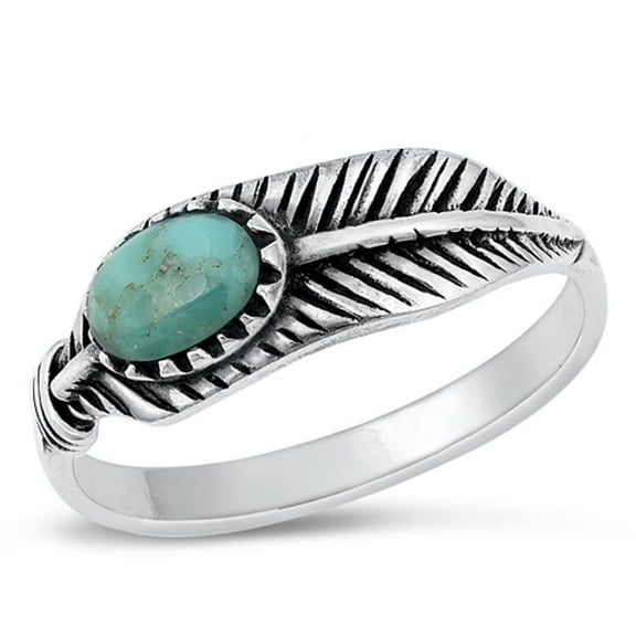 CHOOSE YOUR COLOR Oval Simulated Turquoise Feather Ring .925 Sterling Silver Band Blue CZ Female Size 9