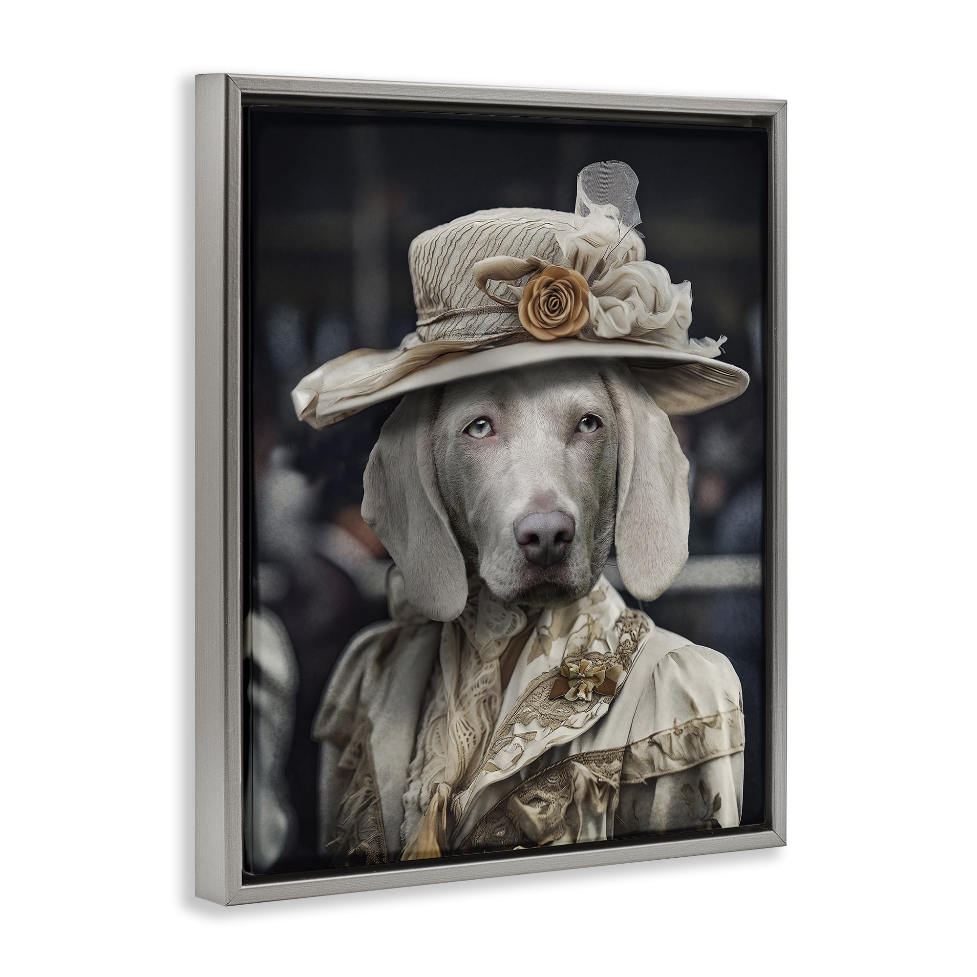 Stupell Industries Dog with Floral Hat Animals & Insects Painting Gray Floater Framed Canvas Art Print Wall Art, 25 x 31