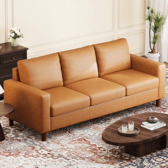 Modern Leather Sofa, 83 in – Mid-Century 3-Seater Couch with Armrests and Comfy Cushions, Deep Seat for Living Room, Bedroom, Office